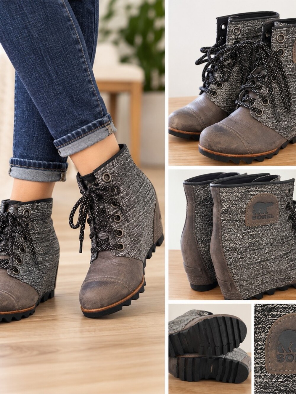 Sorel Women's Grey Lace-Up Wedge Ankle Boots